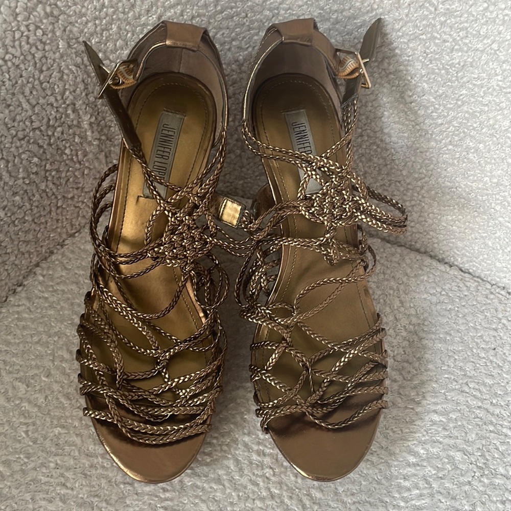 Womens 10 Jennifer Lopez gold/bronze cork wedges
